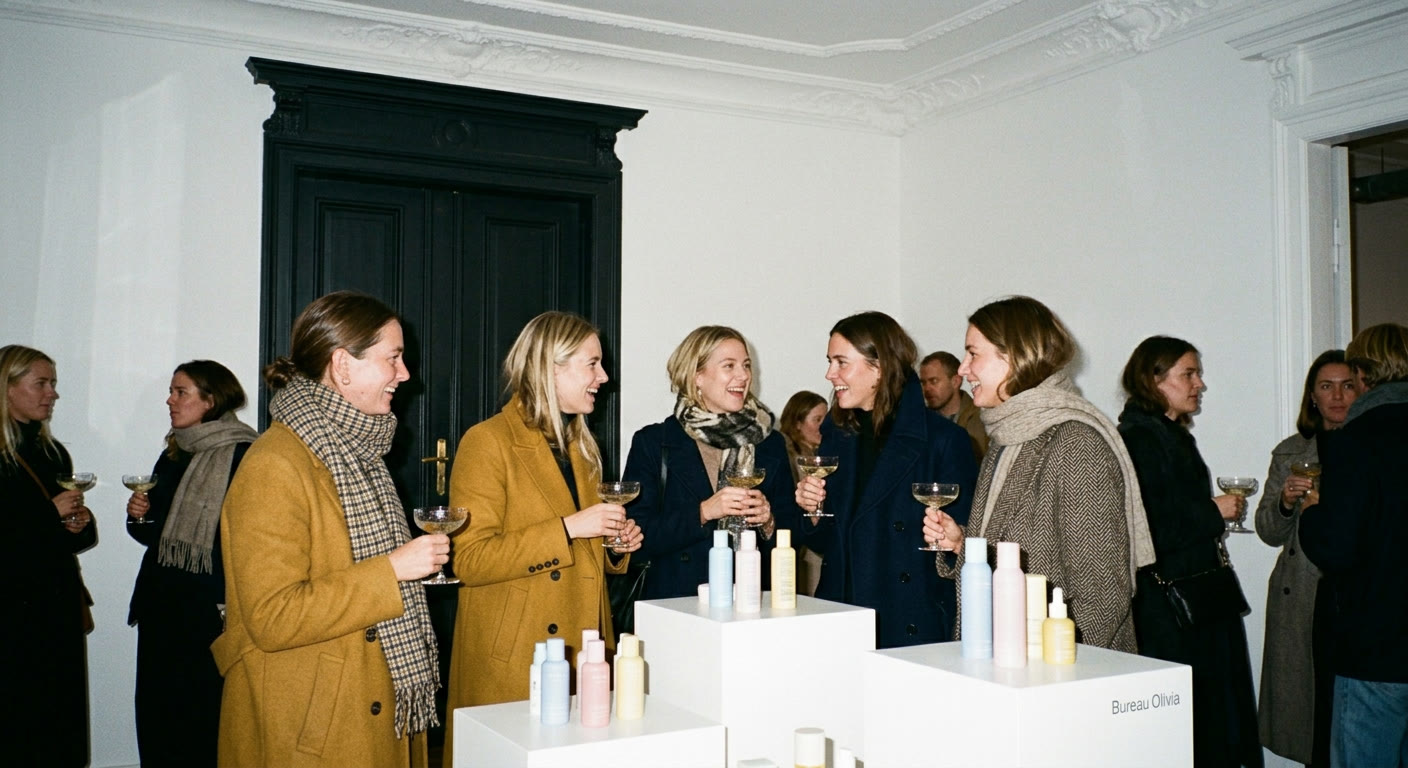 Guests with champagne at a beauty product launch