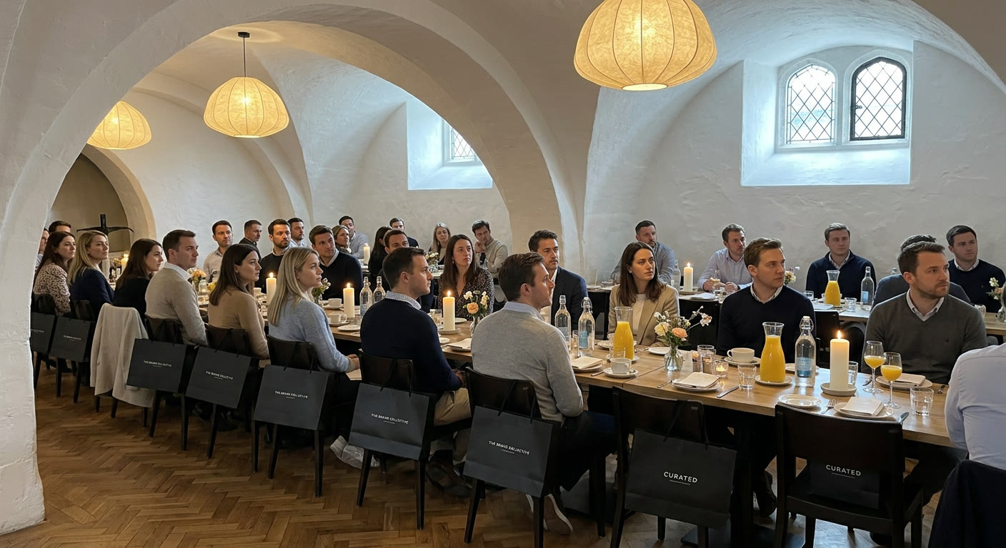 Guests at a corporate breakfast in a vaulted dining room with candles