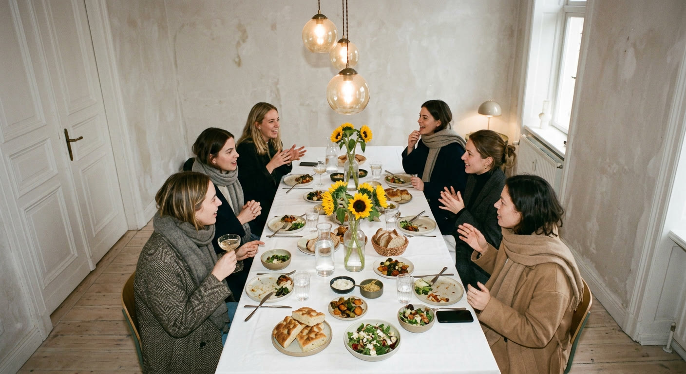 Guests laughing around a long dinner table with sunflowers and shared plates