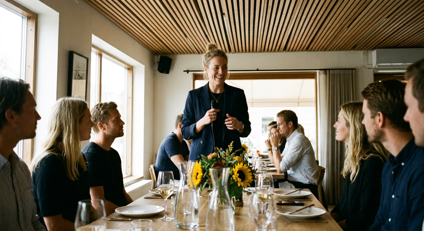 A host speaking to guests at a company dinner