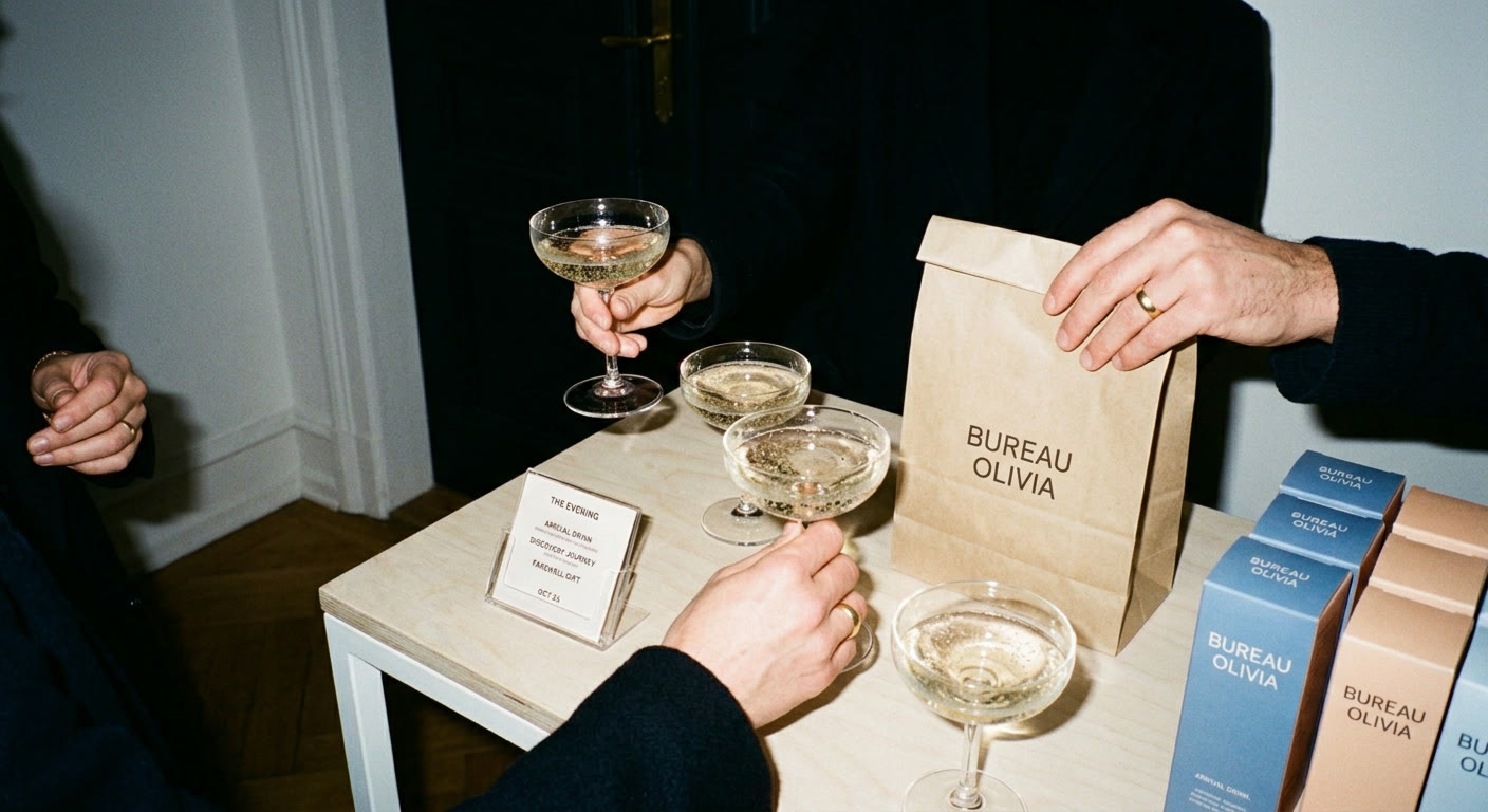 A welcome table with champagne and a Bureau Olivia guest bag