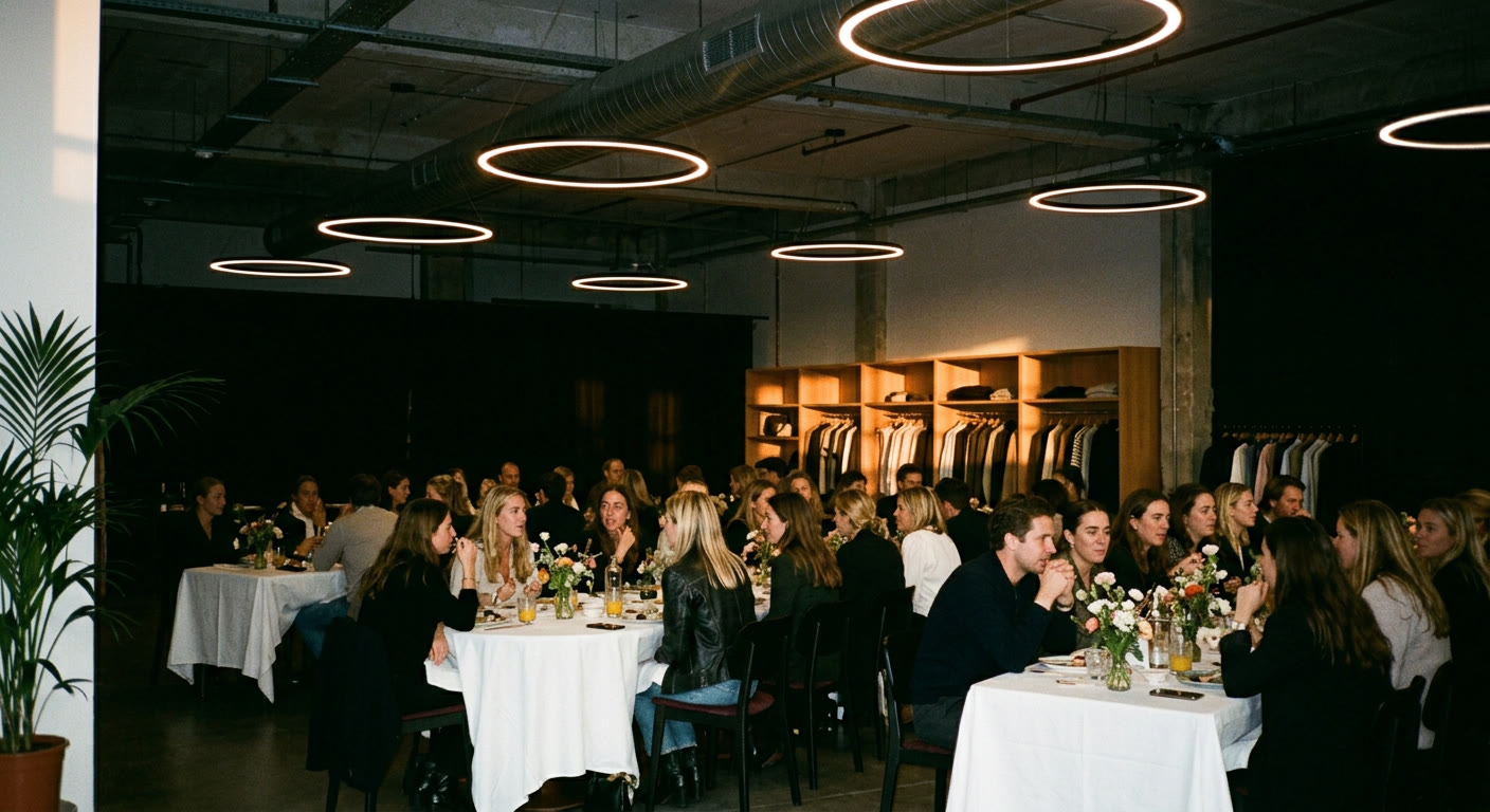 Guests at round dinner tables in an industrial loft lit by ring lights
